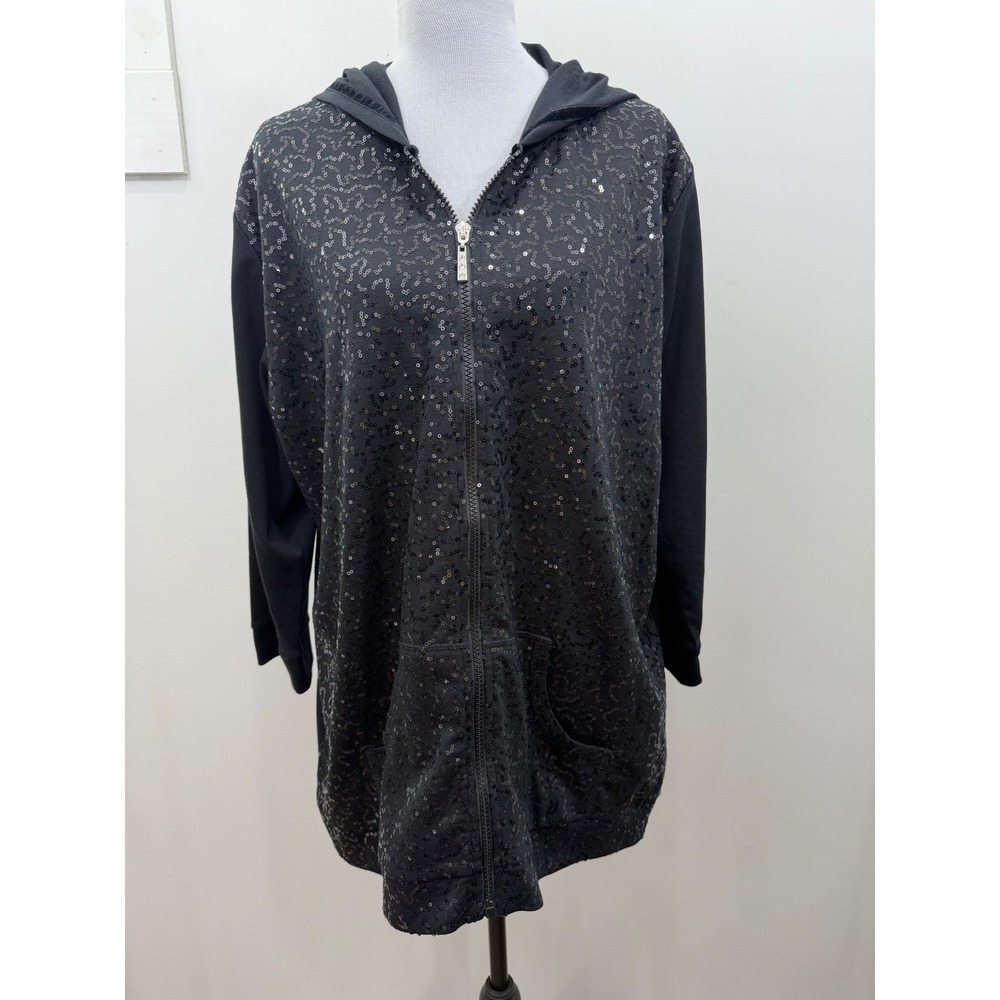 Quacker Factory Black Sequin Full Zip Hoodie Sweatshirt Womens 1X Velvet Trim
